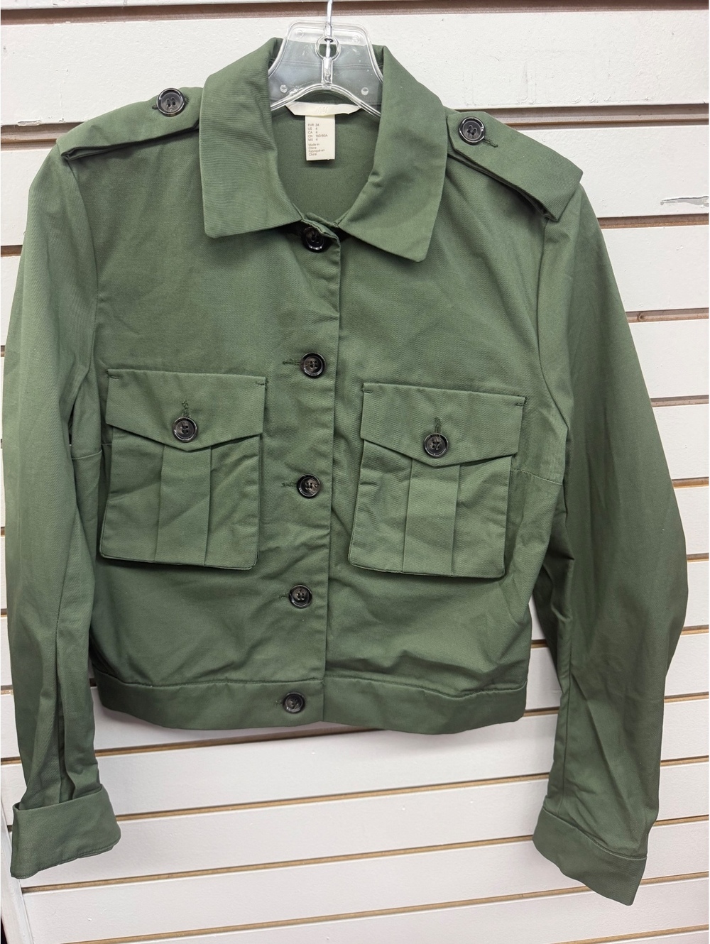 H&M Olive Green Utility Military Jacket Size 4 Cropped Cargo Pocket